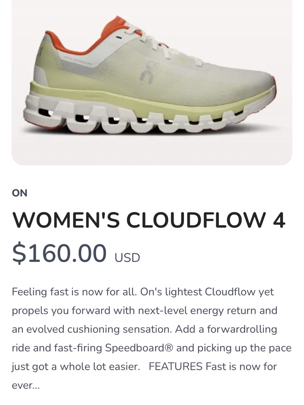 ON Running Cloudflow 4 Women's Size 8 Running Shoes White/Hay 3WD30111018 XLNT